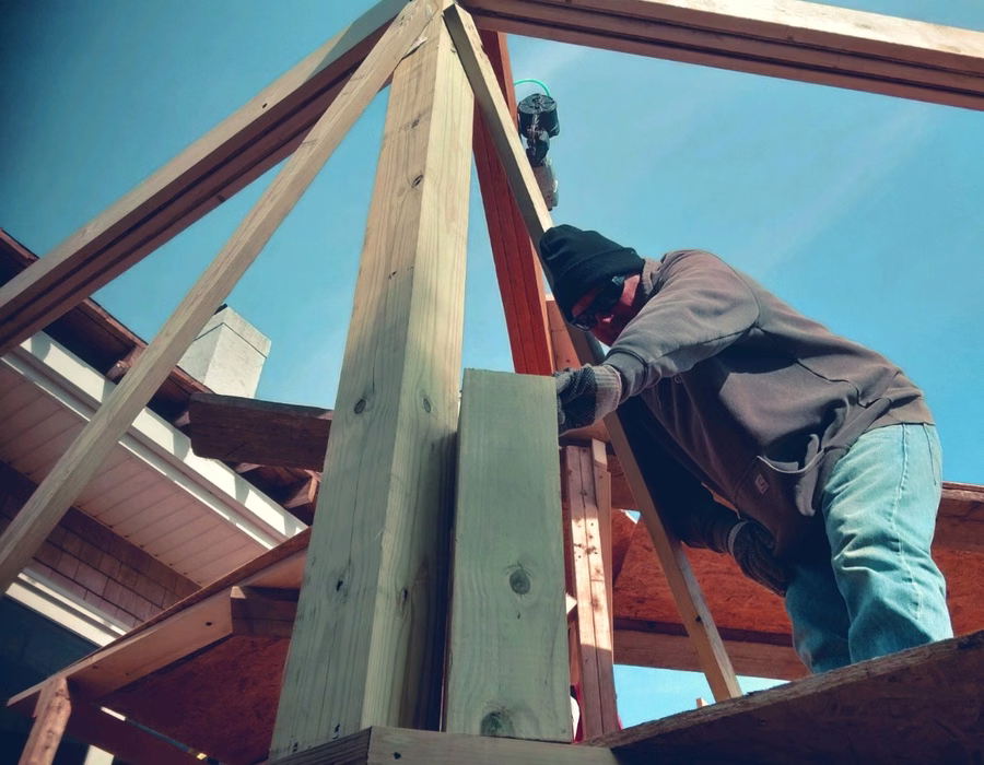 Framing work in progress on a deck structure